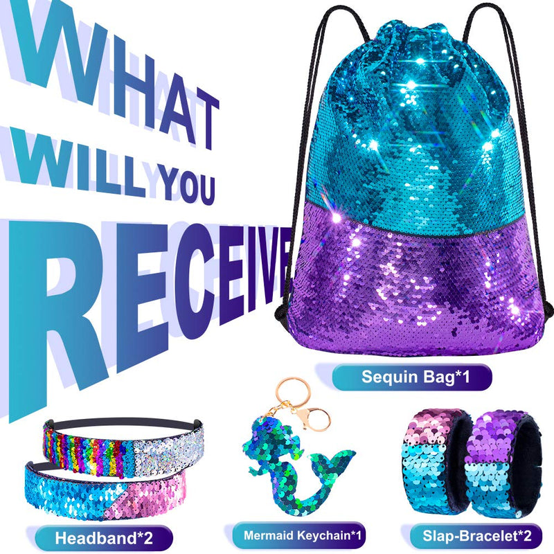 [Australia - AusPower] - Mermaid Reversible Sequin Drawstring Backpack Christmas Gift Party Bag Headband Keychain Bracelet for Kids Girls Birthday 1-blue/Purple 
