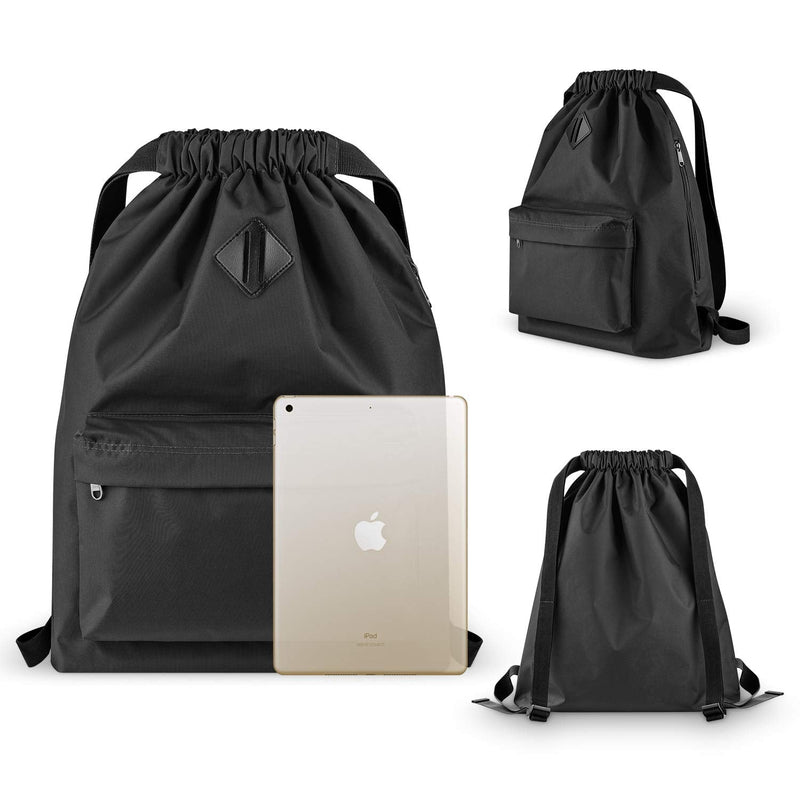 [Australia - AusPower] - Vorspack Drawstring Backpack Water Resistant String Bag Sports Gym Sack with Side Pocket for Men Women Black 