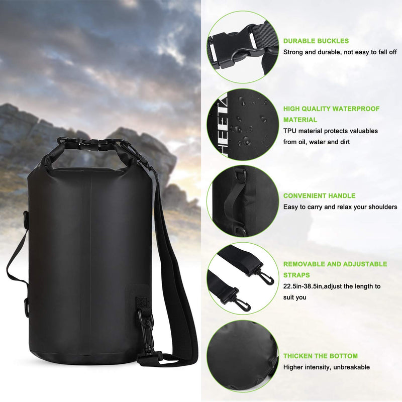 [Australia - AusPower] - HEETA Waterproof Dry Bag for Women Men, 5L/ 10L/ 20L Roll Top Lightweight Dry Storage Bag Backpack with Phone Case for Travel, Swimming, Boating, Kayaking, Camping and Beach Black 