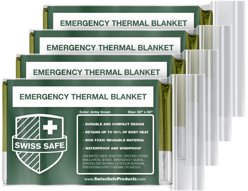 [Australia - AusPower] - Swiss Safe Emergency Mylar Thermal Blankets + Bonus Gold Foil Space Blanket. Designed for NASA, Outdoors, Survival, First Aid, Army Green, 4 Pack 
