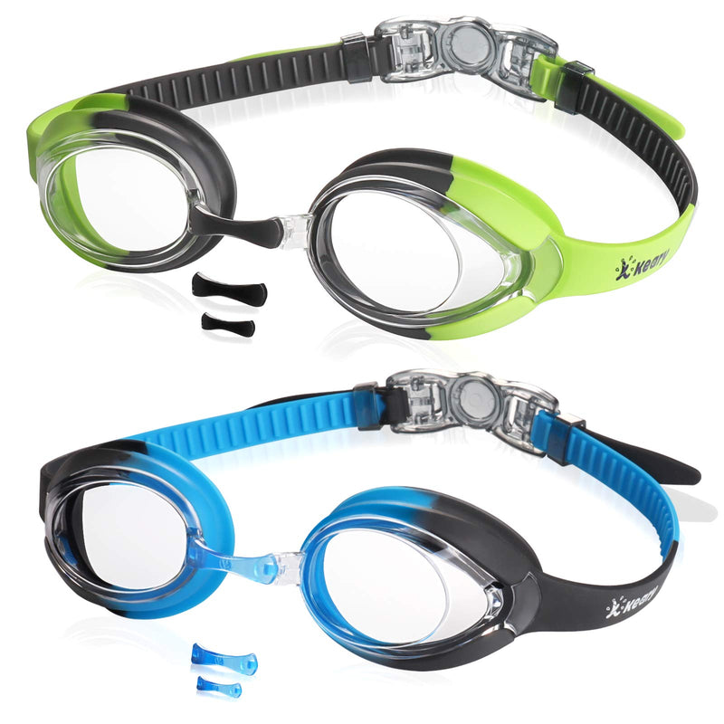 [Australia - AusPower] - Keary 2 Pack Kids Swim Goggles for Toddler Kids Youth(3-14),Anti-Fog Waterproof Anti-UV Clear Vision Water Pool Goggles Clear Green & Blue(2 Pack) 