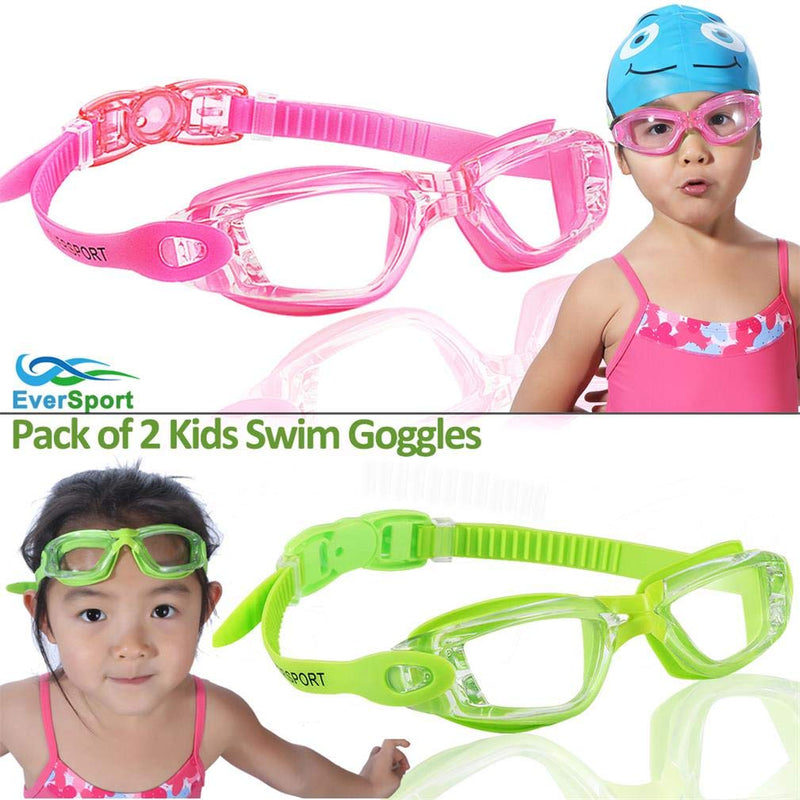 [Australia - AusPower] - Kids Swim Goggles, Pack of 2 Swimming Goggles for Children Teens, Anti-Fog Anti-UV Youth Swim Glasses Leak Proof for Age4-16 Green & Rose Red 