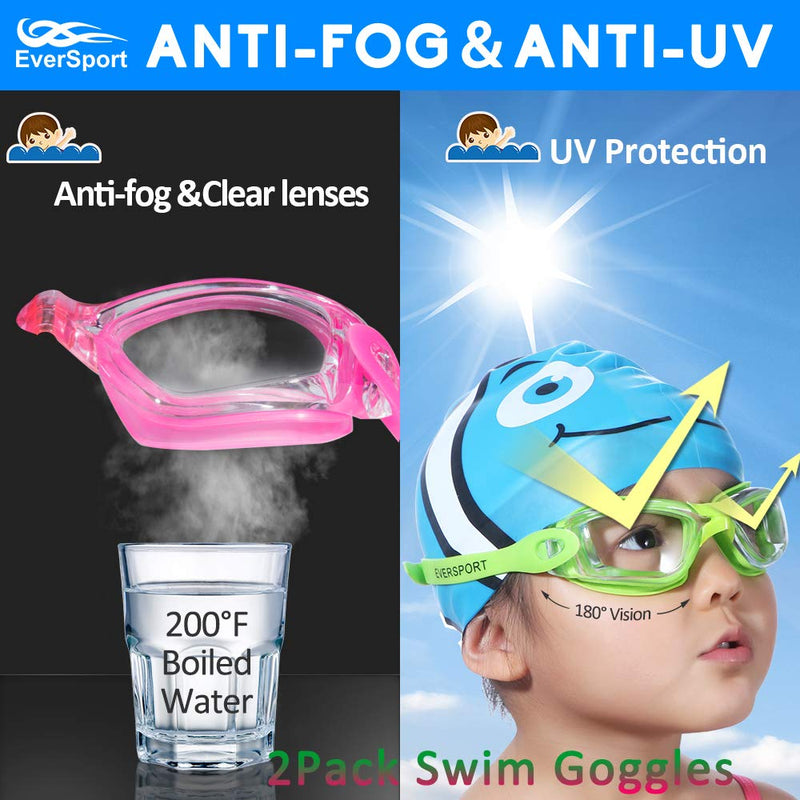 [Australia - AusPower] - Kids Swim Goggles, Pack of 2 Swimming Goggles for Children Teens, Anti-Fog Anti-UV Youth Swim Glasses Leak Proof for Age4-16 Green & Rose Red 