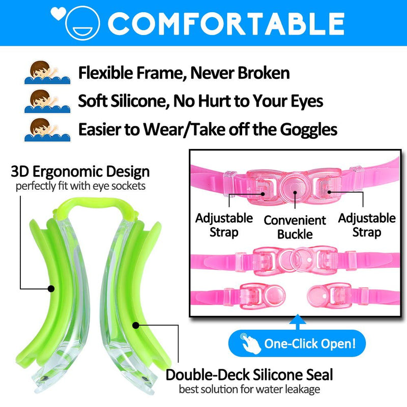 [Australia - AusPower] - Kids Swim Goggles, Pack of 2 Swimming Goggles for Children Teens, Anti-Fog Anti-UV Youth Swim Glasses Leak Proof for Age4-16 Green & Rose Red 
