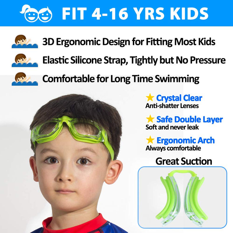 [Australia - AusPower] - Kids Swim Goggles, Pack of 2 Swimming Goggles for Children Teens, Anti-Fog Anti-UV Youth Swim Glasses Leak Proof for Age4-16 Green & Rose Red 