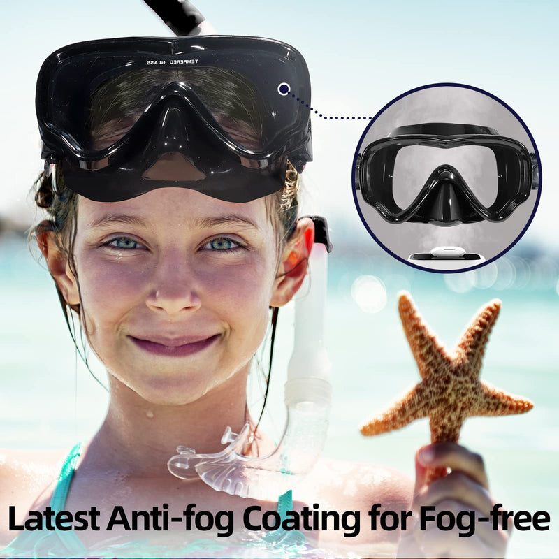 [Australia - AusPower] - Seago Kids Swim Goggles Snorkel Diving Mask for Youth, Anti-Fog 180° Clear View Black 