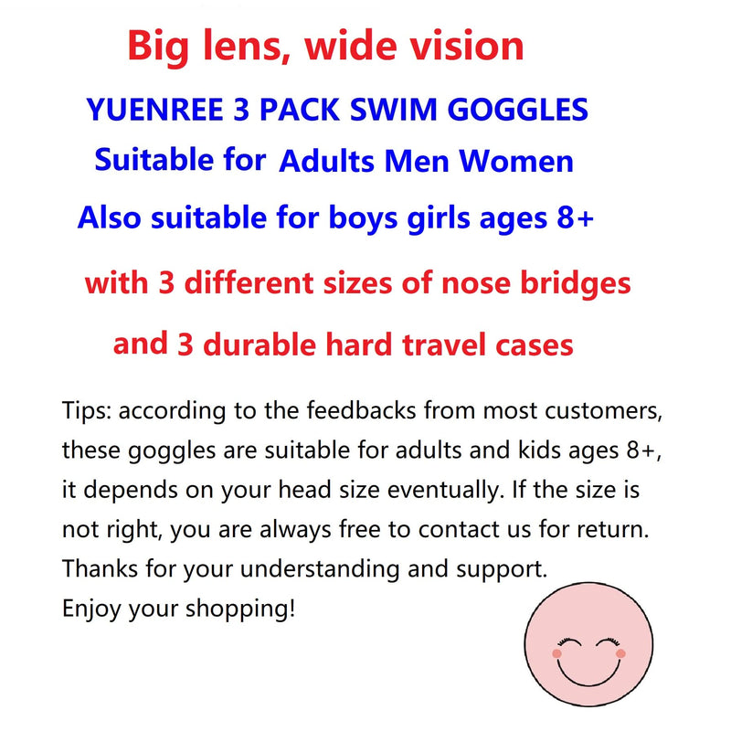 [Australia - AusPower] - YUENREE 3 Pack Swimming Goggles for Adults Men Women Youth Teens Kids Boys Girls Toddlers with 3 Hard Travel Cases 3 Pack for Adults-1 