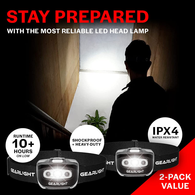 [Australia - AusPower] - GearLight LED Head Lamp - Pack of 2 Outdoor Flashlight Headlamps w/ Adjustable Headband for Adults and Kids - Hiking & Camping Gear Essentials - S500﻿ White, Black 
