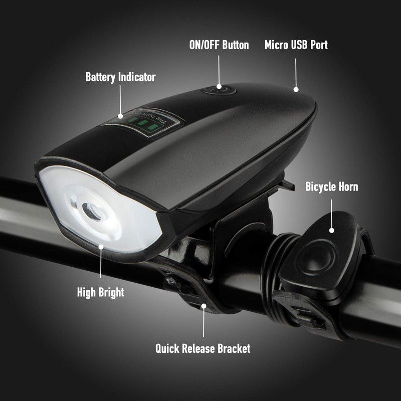 [Australia - AusPower] - Bike Lights Set with Horn 1400LM USB Rechargeable Bicycle Headlight & Tail Light & Horn Waterproof 3 Lighting Modes Fits Bicycles for Road and Mountain Black 