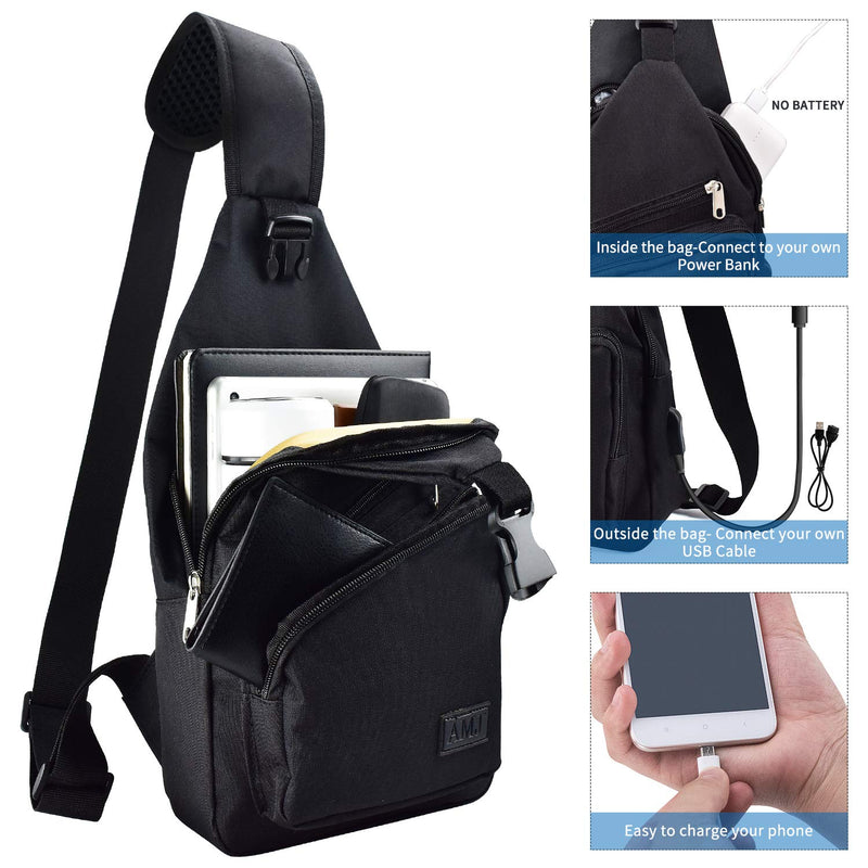 [Australia - AusPower] - Sling Bag for Men Women Shoulder Backpack Chest Bags Crossbody Daypack with USB Cable for Hiking Camping Outdoor Trip Small (13" x 6.7" x2.76") Black 