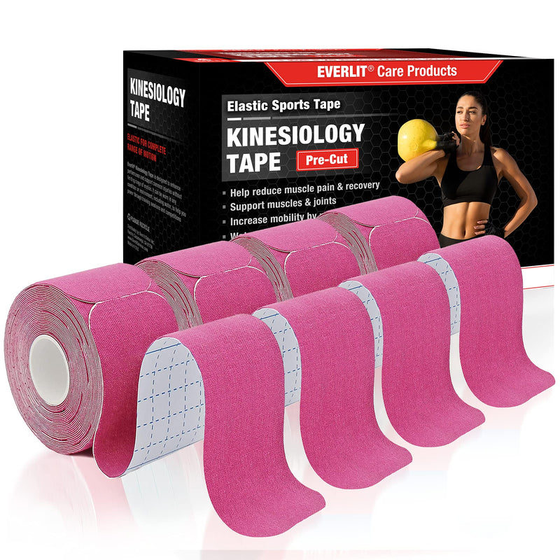 [Australia - AusPower] - EVERLIT [4-Pack] Pre-Cut Elastic Cotton Kinesiology Therapeutic Athletic Sports Tape, for Pain Relief and Support, 80 Precut 10” Strips (Pink) Pink 