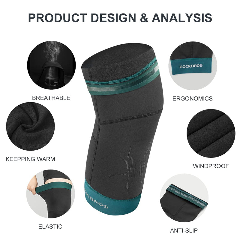 [Australia - AusPower] - ROCKBROS Knee Warmer for Men Thermal Leg Warmer Knee Brace Anti-slip Knee Sleeves Winter for Basketball Cycling Knee Warmer Black Green Small/Medium 