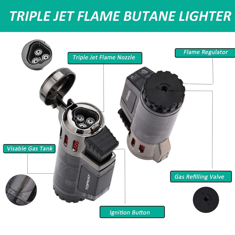 [Australia - AusPower] - Torch Lighter, Cigar Lighter, Triple Jet Flame Torch Lighters, Windproof Butane Refillable Gas Torch Lighters with a Gift Box, 2 Pack (Without Gas) Black 
