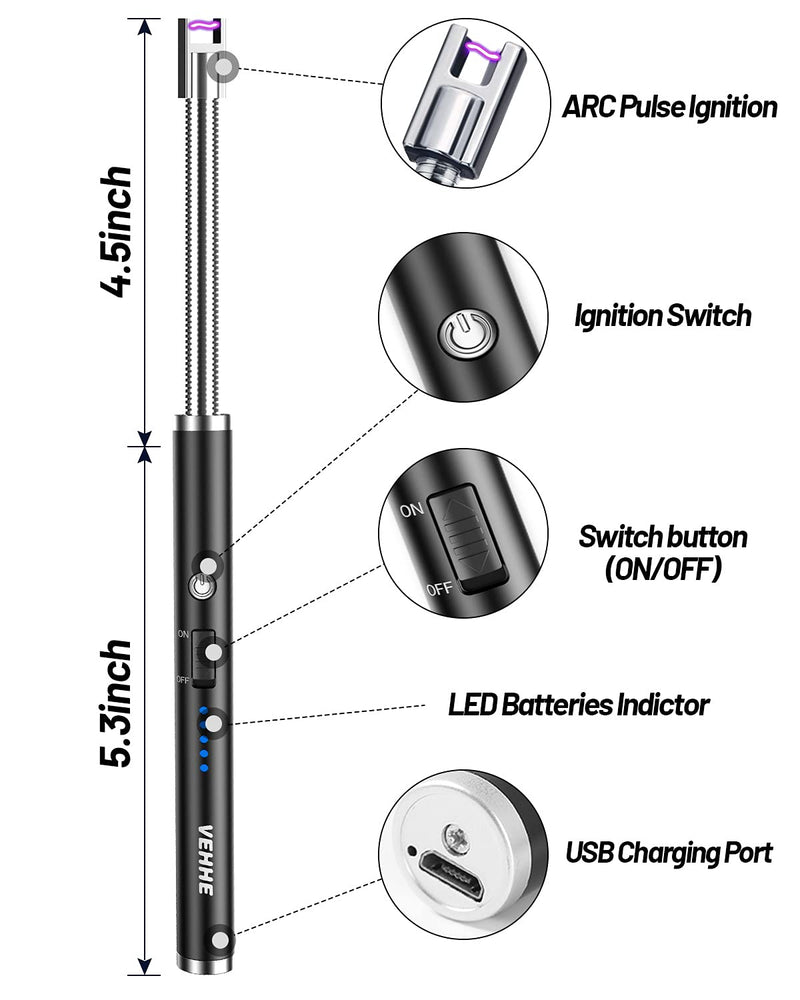 [Australia - AusPower] - VEHHE Candle Lighter, Electric Rechargeable Arc Lighter with LED Battery Display Long Flexible Neck USB Lighter for Light Candles Gas Stoves Camping Barbecue 