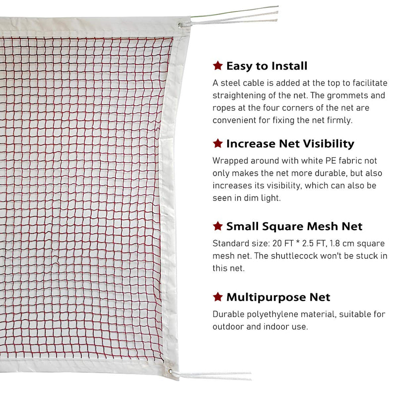 [Australia - AusPower] - DOURR Badminton Net, Outdoor Indoor Sports Classic Badminton Replacement Net with Steel Cable Ropes for Backyard Beach Garden Schoolyard (20 FT x 2.5 FT) (with Steel Cable Rope) 