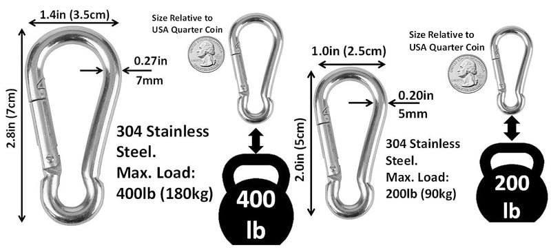 [Australia - AusPower] - Branded Boards Heavy Duty Bushcraft Stainless Steel Carabiner Spring Snap Clip Link Hooks. 200-400lb Load. 6 Packs 12 Packs 
