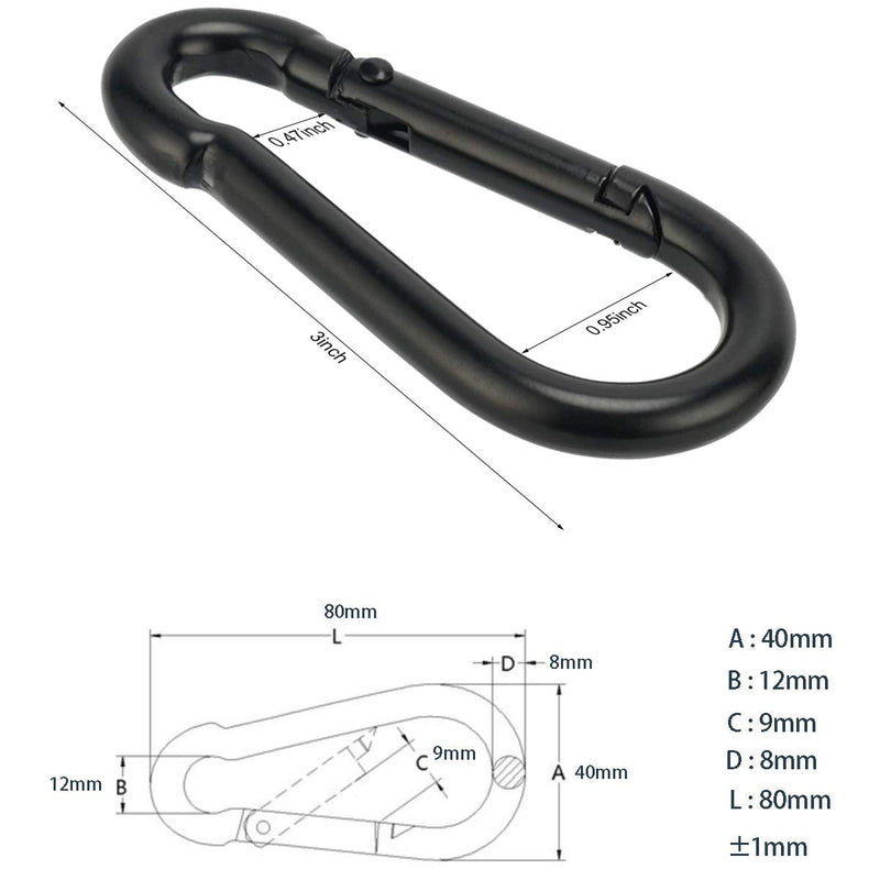 [Australia - AusPower] - OWAYOTO Carabiner 3 Inch Black Spring Snap Hook Steel Clip Link Buckle Heavy Duty 8x80mm 4pcs for Outdoor Camping Hiking Hammock Swing 