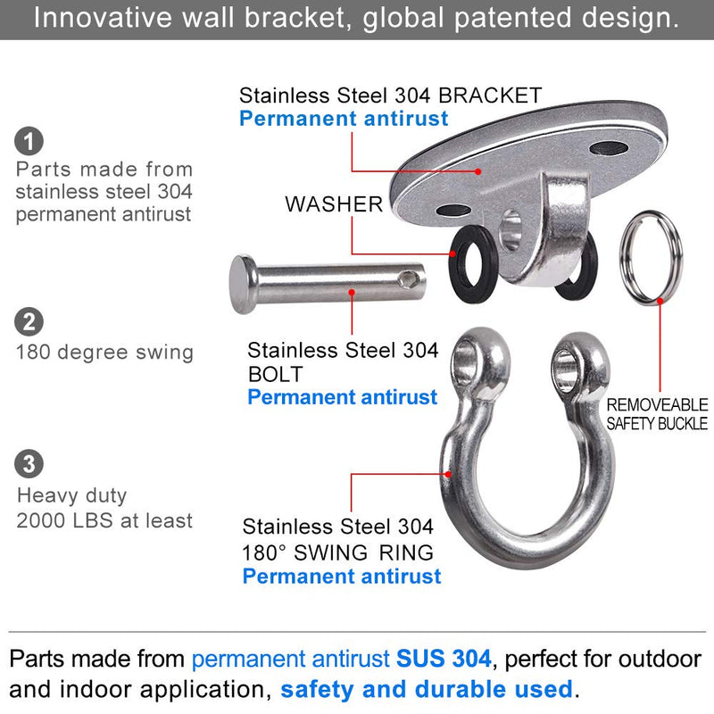 [Australia - AusPower] - BeneLabel Set of 2 Permanent Antirust Stainless Steel 304 Heavy Duty Swing Hangers, 2000LB Capacity, Yoga Hammock Chair Sandbag, Swing Sets, 180° Swing(No Screws) 