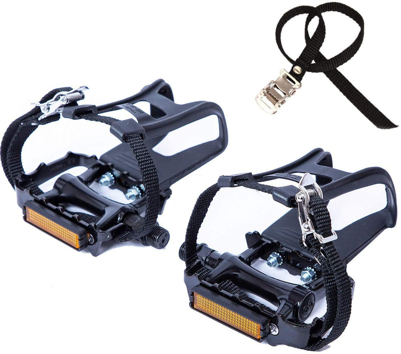 [Australia - AusPower] - NEWSTY Bike Pedals with Clips and Straps for Outdoor Cycling and Indoor Stationary Bike 9/16-Inch Spindle Resin/Alloy Bicycle Pedals Black 
