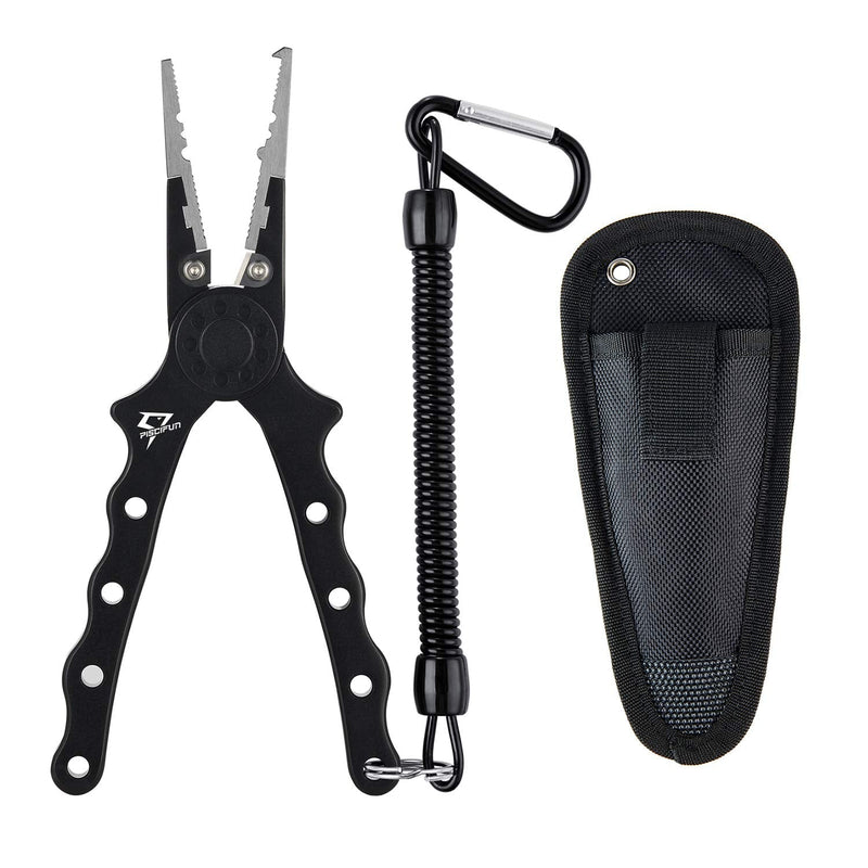 [Australia - AusPower] - Piscifun Fishing Pliers Aluminum Braid Cutters Split Ring Pliers Hook Remover Fish Holder with Sheath and Lanyard Black & Silver 7.1" 