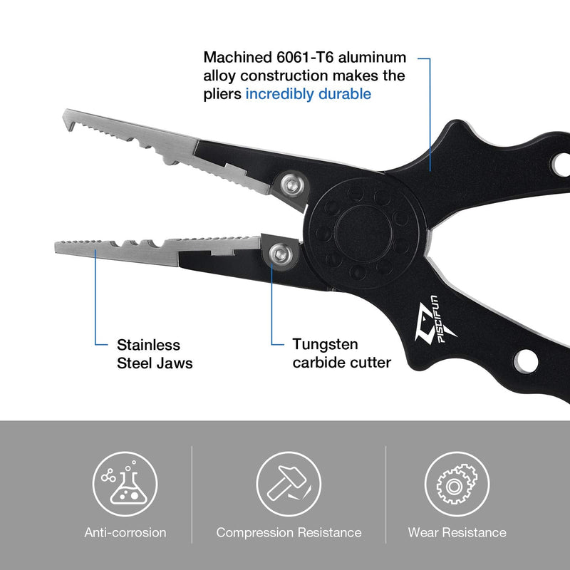 [Australia - AusPower] - Piscifun Fishing Pliers Aluminum Braid Cutters Split Ring Pliers Hook Remover Fish Holder with Sheath and Lanyard Black & Silver 7.1" 