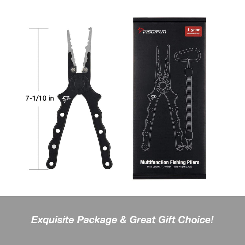[Australia - AusPower] - Piscifun Fishing Pliers Aluminum Braid Cutters Split Ring Pliers Hook Remover Fish Holder with Sheath and Lanyard Black & Silver 7.1" 