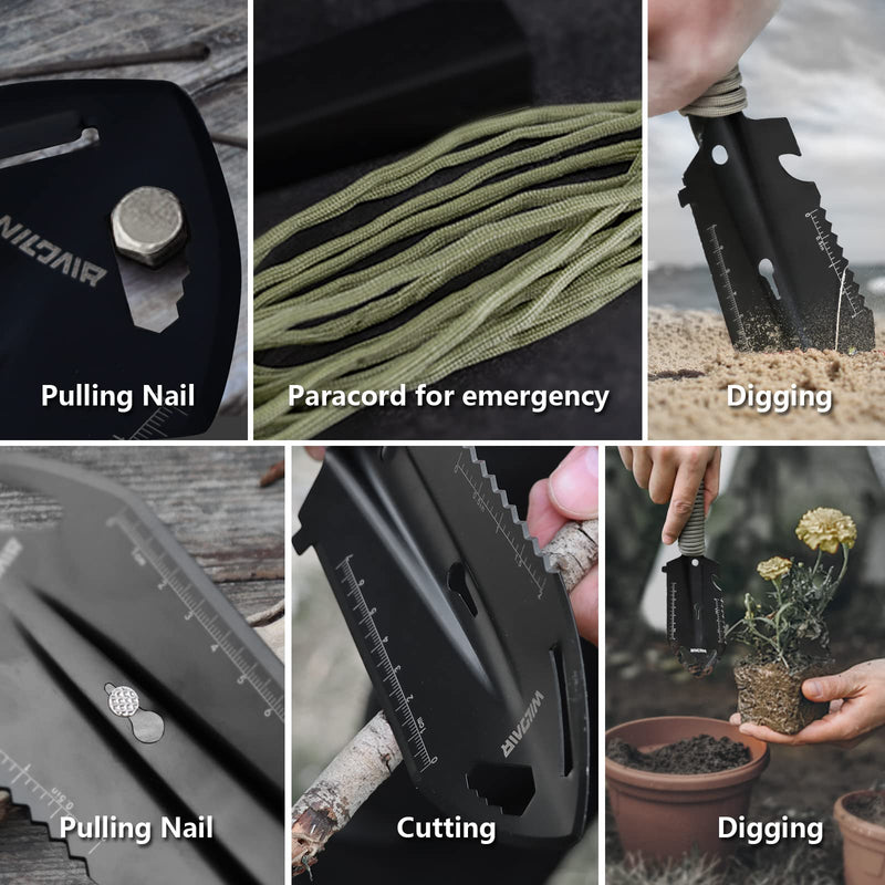 [Australia - AusPower] - WILDAIR Camping Shovel Multifunctional 7 in 1 Survival Multitool Small Survival Shovel for Camping Tactical Shovel (Black) 