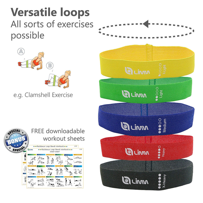 [Australia - AusPower] - Limm Resistance Loop Exercise Bands - Set of 5 Stretch Bands for Working Out with Instruction Guide & Carry Bag - Elastic Band for Home Workout & Physical Therapy for Women and Men 