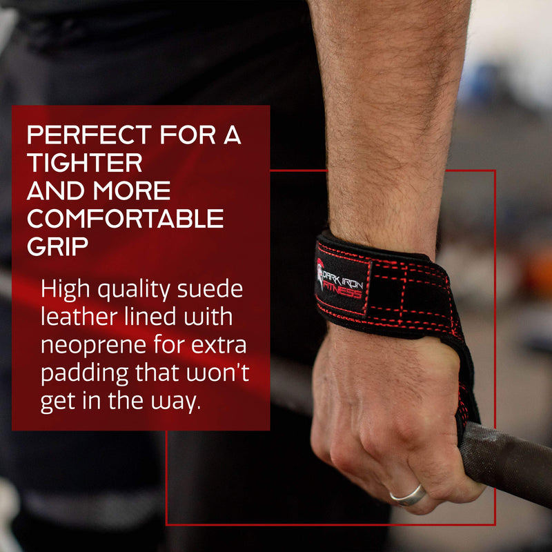 [Australia - AusPower] - Dark Iron Fitness Weightlifting Leather Suede Lifting Wrist Straps Bundle for Men and Women Wraps Weight for a Heavy Powerlifting Grip Hooks with Padded Support 