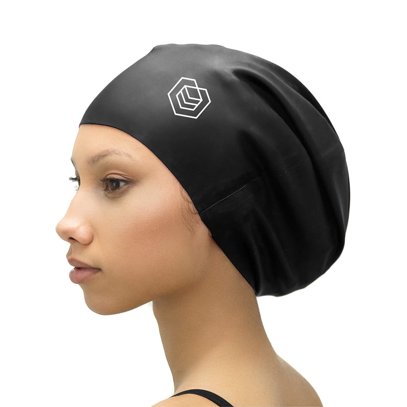 [Australia - AusPower] - SOUL CAP – Large Swimming Cap for Long Hair - Designed for Long Hair, Dreadlocks, Weaves, Hair Extensions, Braids, Curls & Afros - Women & Men - Silicone Medium Black 