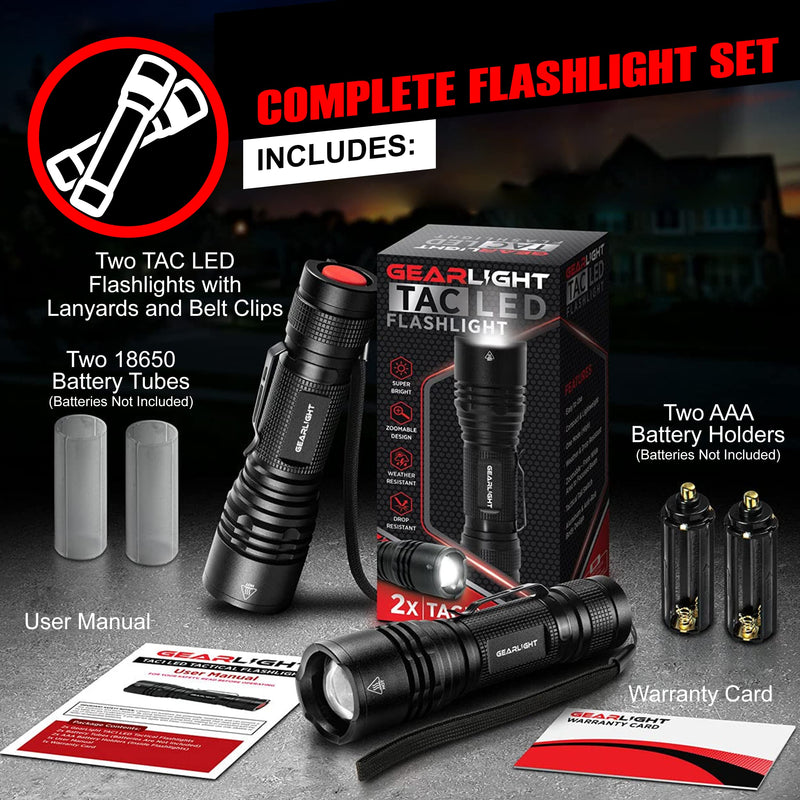 [Australia - AusPower] - GearLight TAC LED Flashlight Pack - 2 Super Bright, Compact Tactical Flashlights with High Lumens for Outdoor Activity & Emergency Use - Gifts for Men & Women 