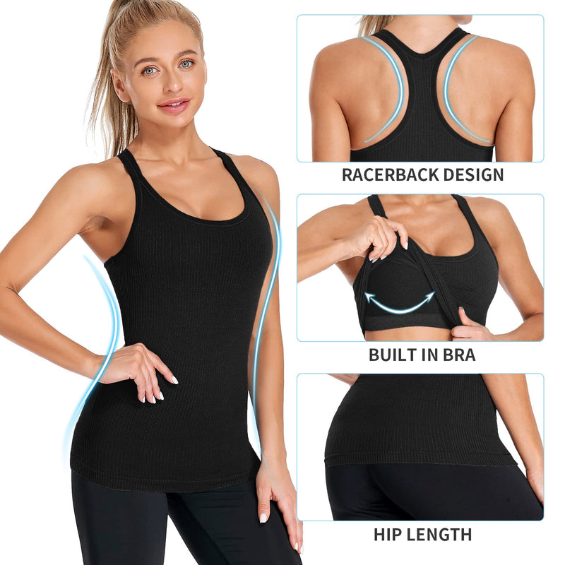 [Australia - AusPower] - ATTRACO Ribbed Workout Tank Tops for Women with Built in Bra Tight Racerback Scoop Neck Athletic Top Small Black 