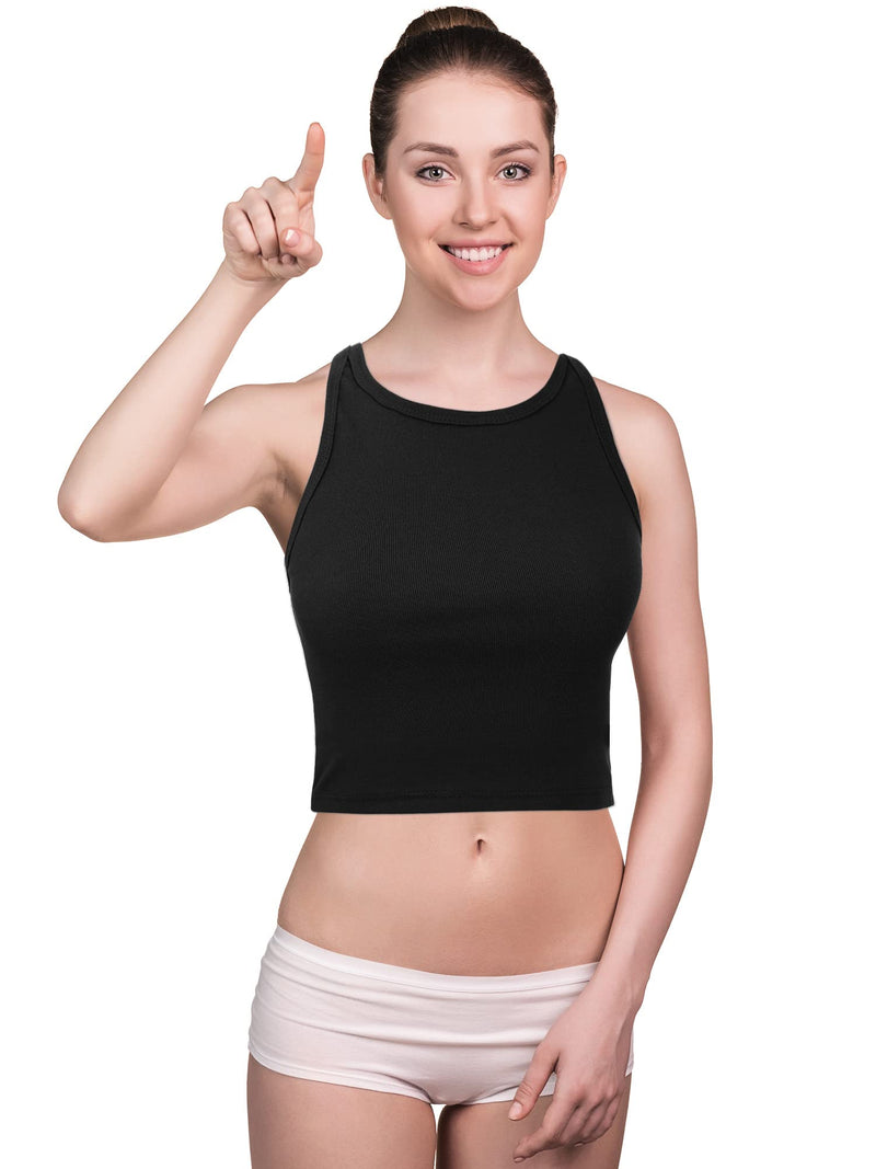[Australia - AusPower] - 3 Pieces Women's Cotton Basic Sleeveless Racerback Crop Tank Top Sports Crop Top for Lady Girls Daily Wearing Black Small 