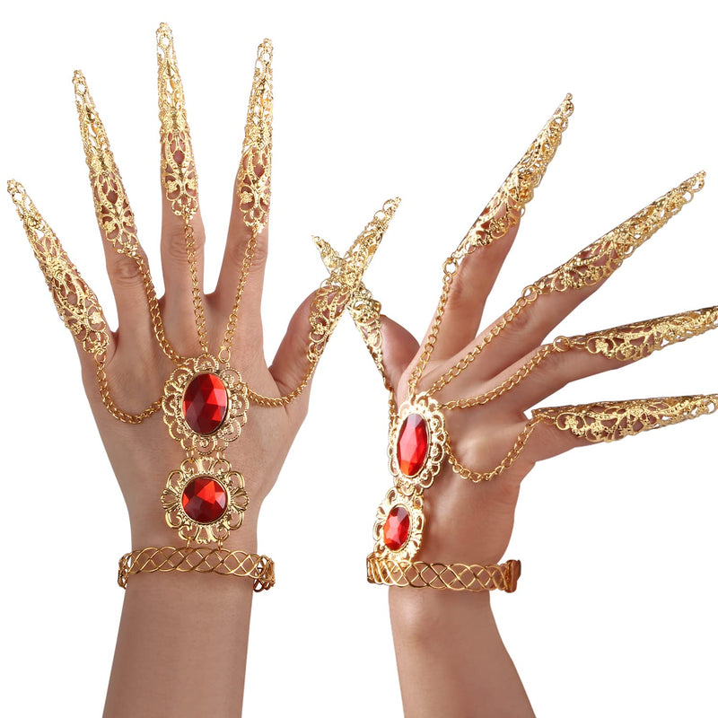 [Australia - AusPower] - CROWN GUIDE Women's Belly Dancer Costumes Gypsy Egyptian Queen Costume Accessories Bangles with Finger Claws Goth Nails Indian Hand Jewelry Set Gold 