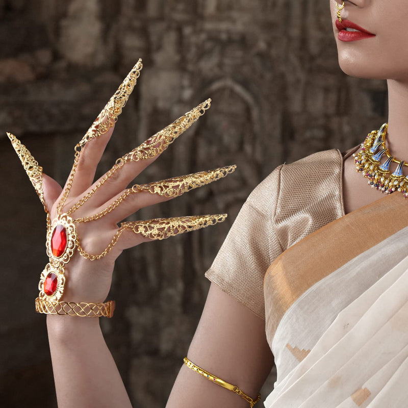 [Australia - AusPower] - CROWN GUIDE Women's Belly Dancer Costumes Gypsy Egyptian Queen Costume Accessories Bangles with Finger Claws Goth Nails Indian Hand Jewelry Set Gold 