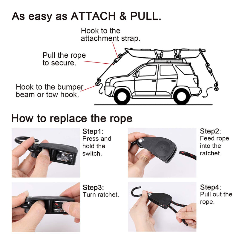 [Australia - AusPower] - Ayaport Kayak Rope Tie Down 14ft Ratchet Straps Bow and Stern Ratcheting Tie Downs Rope Hanger Kayak and Canoe Accessories (1/4" x14ft) 1/4"x14ft 