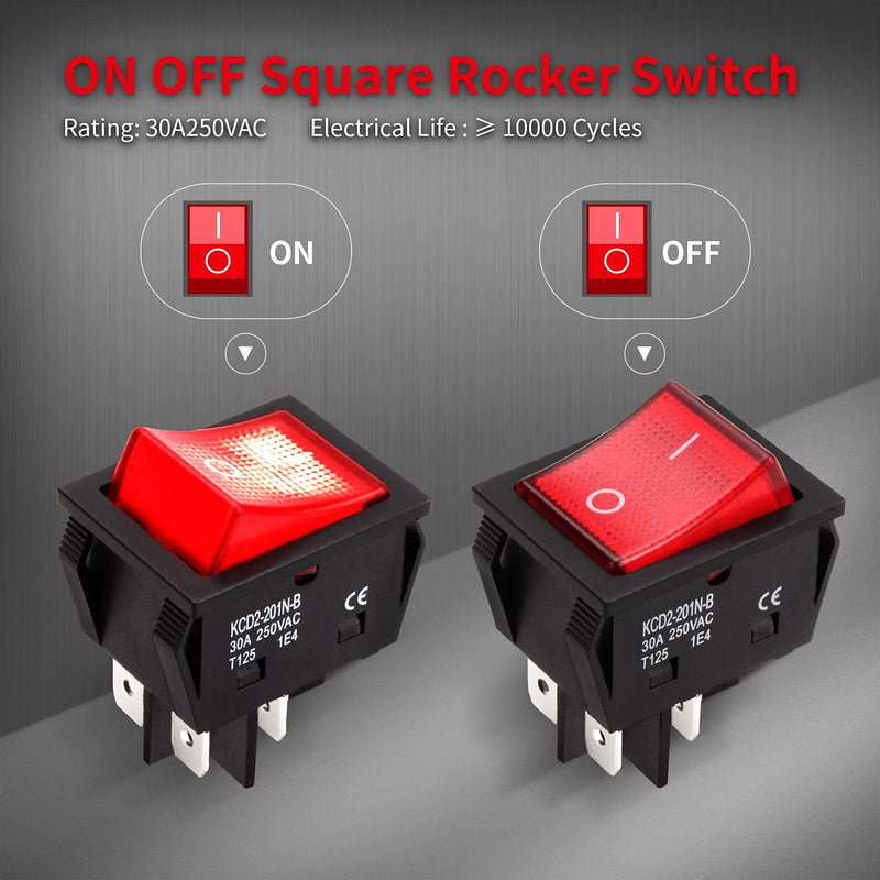 [Australia - AusPower] - DaierTek 30A 250V KCD2 KCD4 Rocker Switch DPST 4 Pin Red Lighted 120V Rocker Toggle Switch ON Off Heavy Duty T125-3Pack 