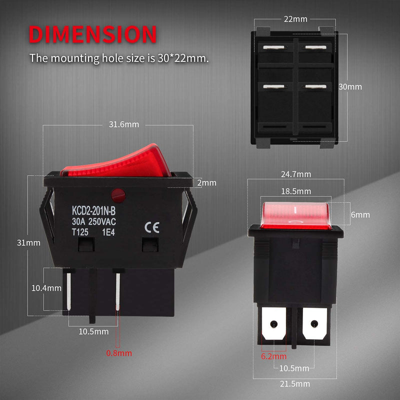 [Australia - AusPower] - DaierTek 30A 250V KCD2 KCD4 Rocker Switch DPST 4 Pin Red Lighted 120V Rocker Toggle Switch ON Off Heavy Duty T125-3Pack 