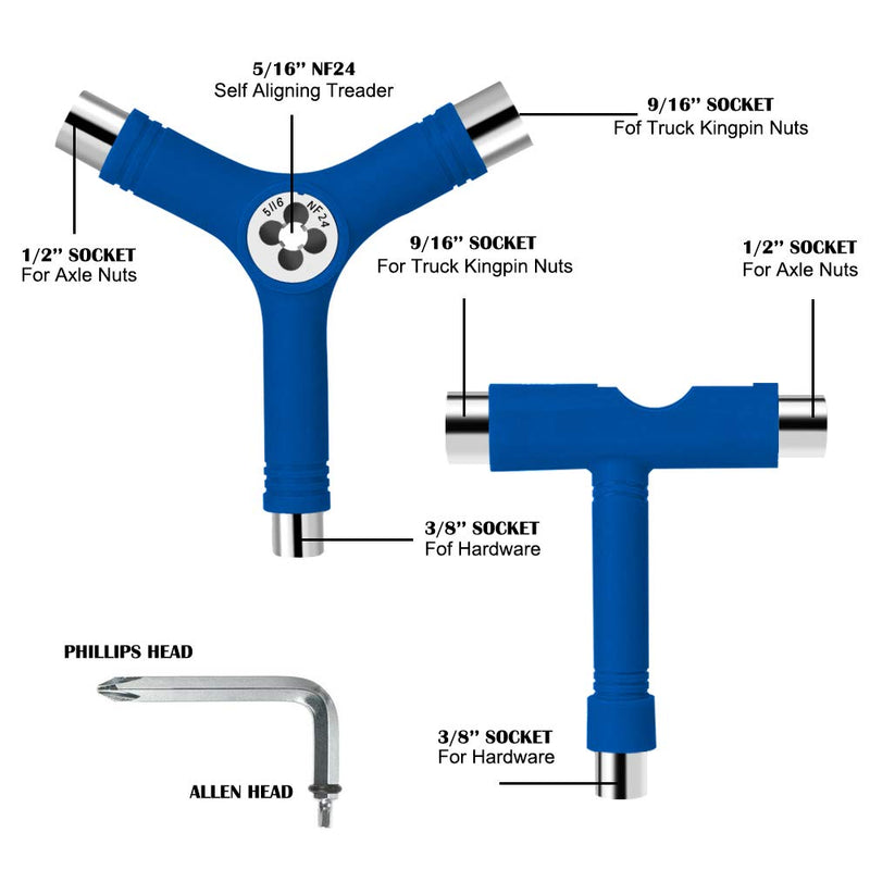 [Australia - AusPower] - Sonku Blue All-in-One Skateboard Tool, Multifunctional Portable Skateboard T-Tool and Y-Tool Accessory with Screwdriver Wrench Storage in A Bag 