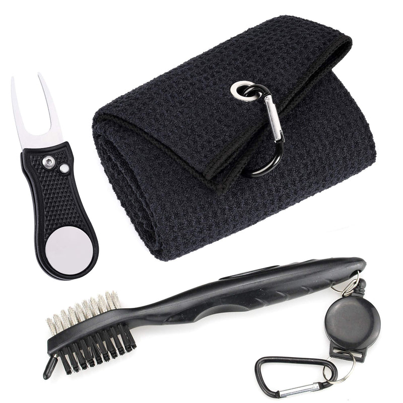 [Australia - AusPower] - Mile High Life Microfiber Waffle Pattern Golf Towel | Club Groove Cleaner Brush | Foldable Divot Tool with Magnetic Ball Marker Black Towel/Brush/Bone Divot 