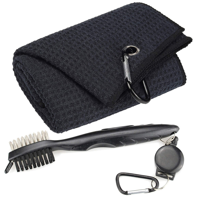 [Australia - AusPower] - Mile High Life Microfiber Waffle Pattern Tri-fold Golf Towel | Brush Tool Kit with Club Groove Cleaner, Retractable Extension Cord and Clip 1 Black Towel+1 Black Brush 