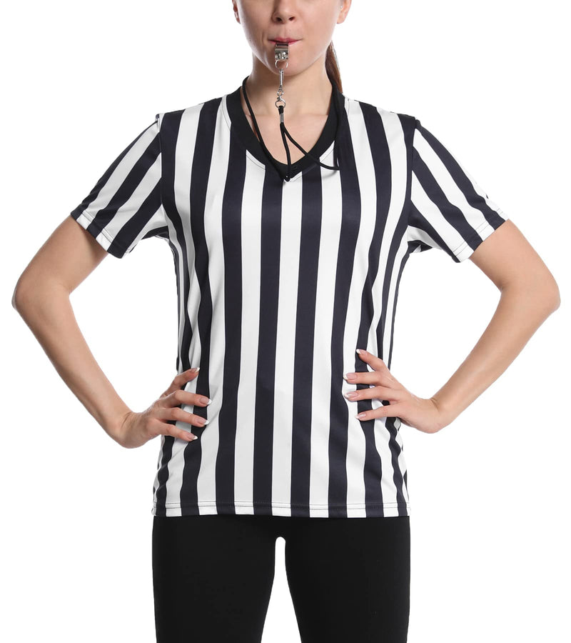 [Australia - AusPower] - Amoy Women's Referee Shirt Black & White Stripe Costume Short Sleeve Umpire Jersey Football Soccer Christmas Accessories Small 