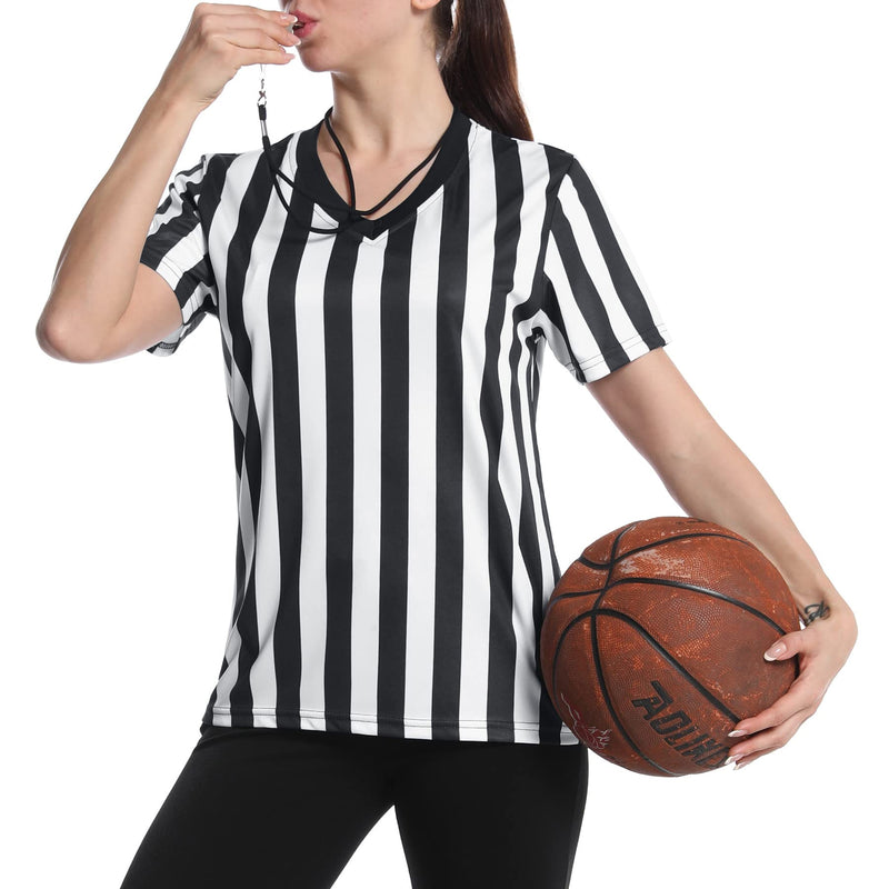 [Australia - AusPower] - Thapower Women's Official Referee Shirt Black & White Stripe Ref Umpire Jersey Short Sleeve for Basketball Football Hockey Black & White-v Neck Large 