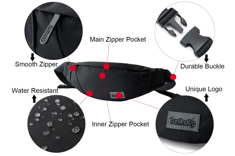 [Australia - AusPower] - Waist Bag for Men Women Waterproof Fanny Pack with Adjustable Strap for Running Walking Traveling (Black) Large-Black(3 Zipper Pockets) 