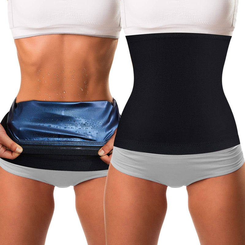 [Australia - AusPower] - 2 Pieces Waist Trimmer for Women Sweat Wrap Sweat Waist Trainer Sweat Tummy Workout Belt Stomach Wraps for Bodybuilding Blue Inner Small 