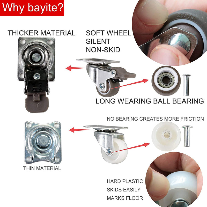 Bayite 4-pack 1-inch low-profile plate casters with soft rubber wheels, swivel design, two with brakes, two without, for lightweight furniture.
