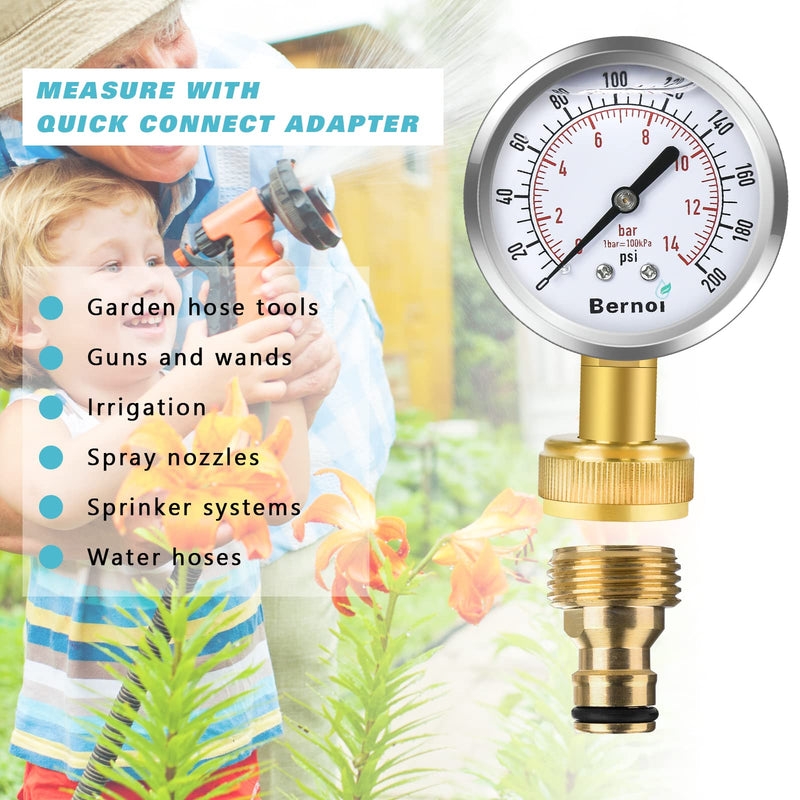 Bernoi water pressure gauge kit with glycerin-filled dial, 0-200 PSI, lead-free brass fittings, 3/4" female coupler, and five adapters.