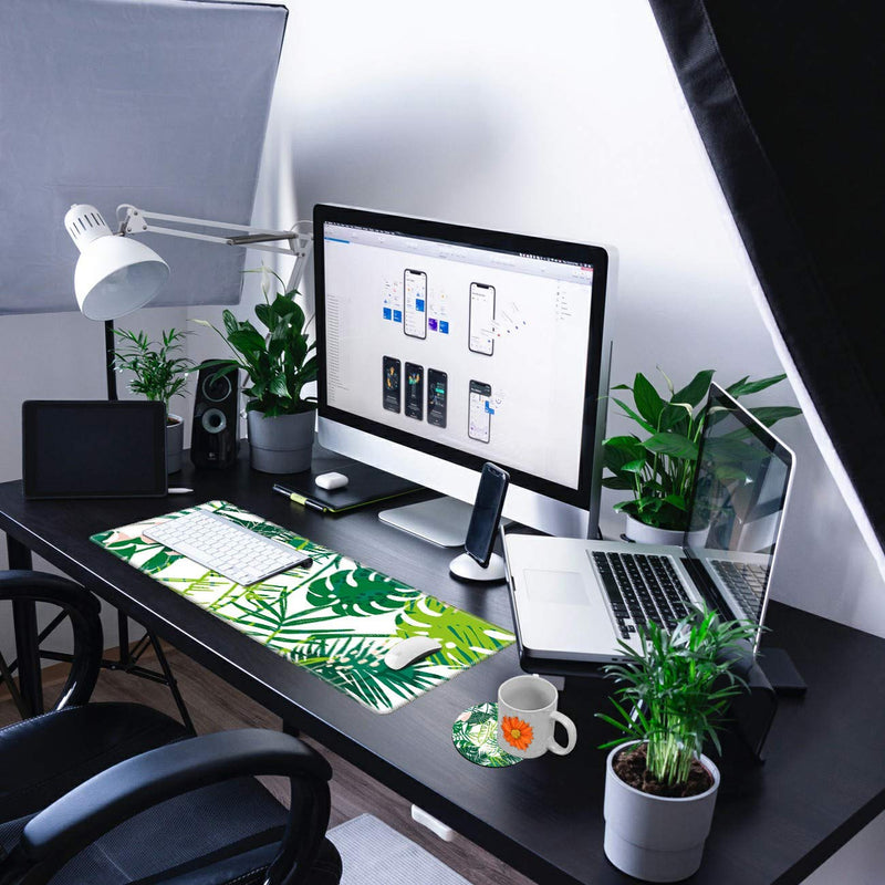 [Australia - AusPower] - Desk Mat Gaming Mouse pad for Laptop, Tropical Leaf Customized Design Printed Desk pad, Home Office Accessories, with Sunflower Coasters and Cute Stickers 
