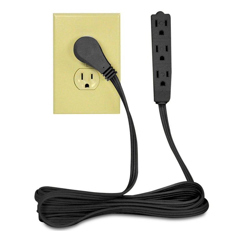 BindMaster 8-foot black extension cord with 3 grounded prong outlets and angled flat plug for versatile power extension.