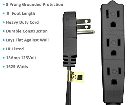 BindMaster 8-foot black extension cord with 3 grounded prong outlets and angled flat plug for versatile power extension.